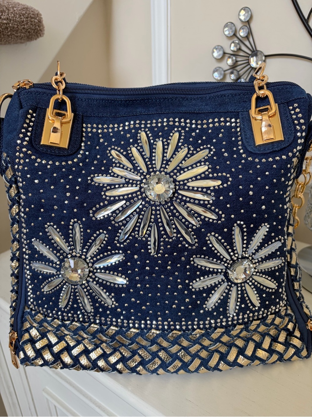 Women's Navy Embellished Floral Crossbody Bag